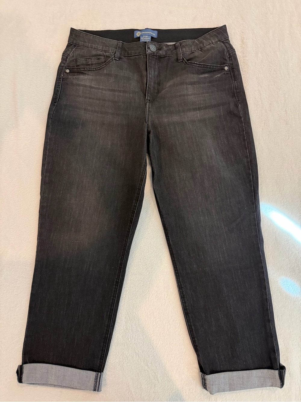 "Ab"solution® Petite Black Denim Cuffed Girlfriend Jeans, 14P - Picture 2 of 10